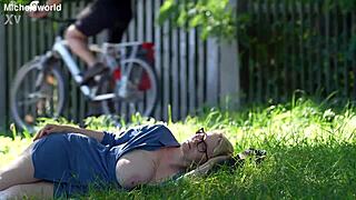 downblouse flashes saggy tits exposed on public hiking trail slave style!