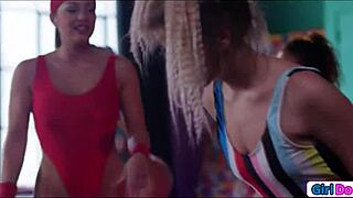 Petite blonde teen dominated and facesat by athletic fitness milf babes in lezdom play