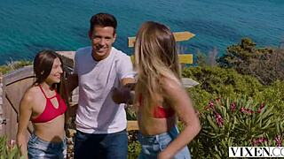 Vixen holiday turns steamy with brunette ffm threesome face sitting and riding