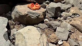 risky public beach fuck with moaning blonde teen's tight pussy cum on tits 😍🌊