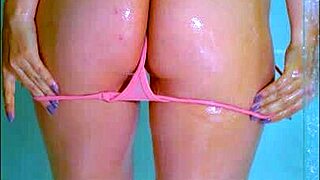 College student showers and flashes her wet thong panties