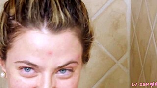 gorgeous blonde steps into steamy shower for fresh rinse
