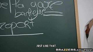 anissa kate on knees with big natural tits in school romance scene