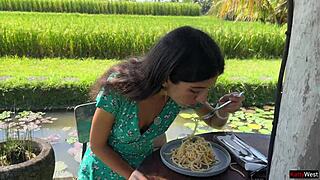 Skinny Teen's Public Cumwalk Cafe Pasta Dripping Semen on Face