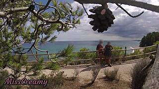 french beach girl strokes my flashing cock till cumshot in mouth caught public