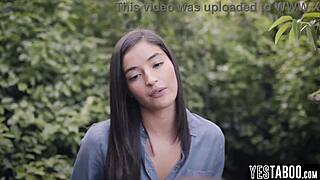 nerdy latina teen's fingering and tribbing that petite bully deep in the forest feels so raw