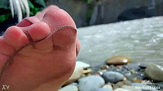 Goddess Teases Cute Nylon Soles Toes Riverside Closeup