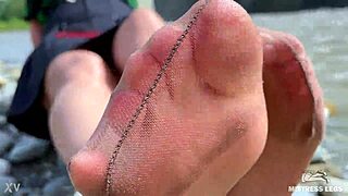 Goddess Teases Cute Nylon Soles Toes Riverside Closeup