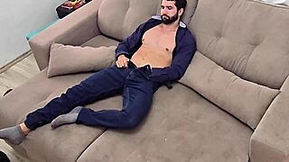 Buff neighbor strips and jerks massive cock after work